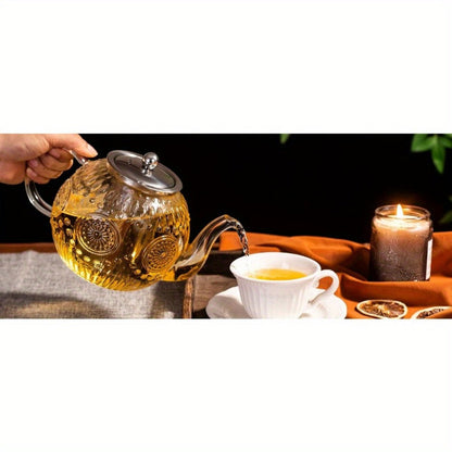 Vintage Glass Teapot 50oz 1500ml with Removable Infuser Stovetop Safe Borosilicate Tea Kettle Elegant Floral Design Durable Easy Clean for Loose Leaf Blooming Tea