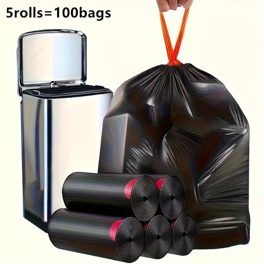 Drawstring Trash Bags 100 Count – 5 Rolls Black Heavy Duty Leak Proof Garbage Bags for Kitchen Bathroom Bedroom Outdoor