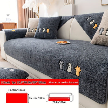 Sofa Cover Thick Plush Shearling Panels with Animal and Bone Embroidery and Non-Slip Feature for 2 to 4 Seats