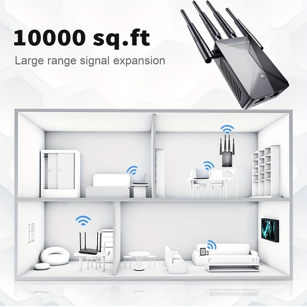 WiFi Range Extender 1200Mbps Dual-Band 2.4/5.8GHz with Four Antennas and Ethernet Port in Black