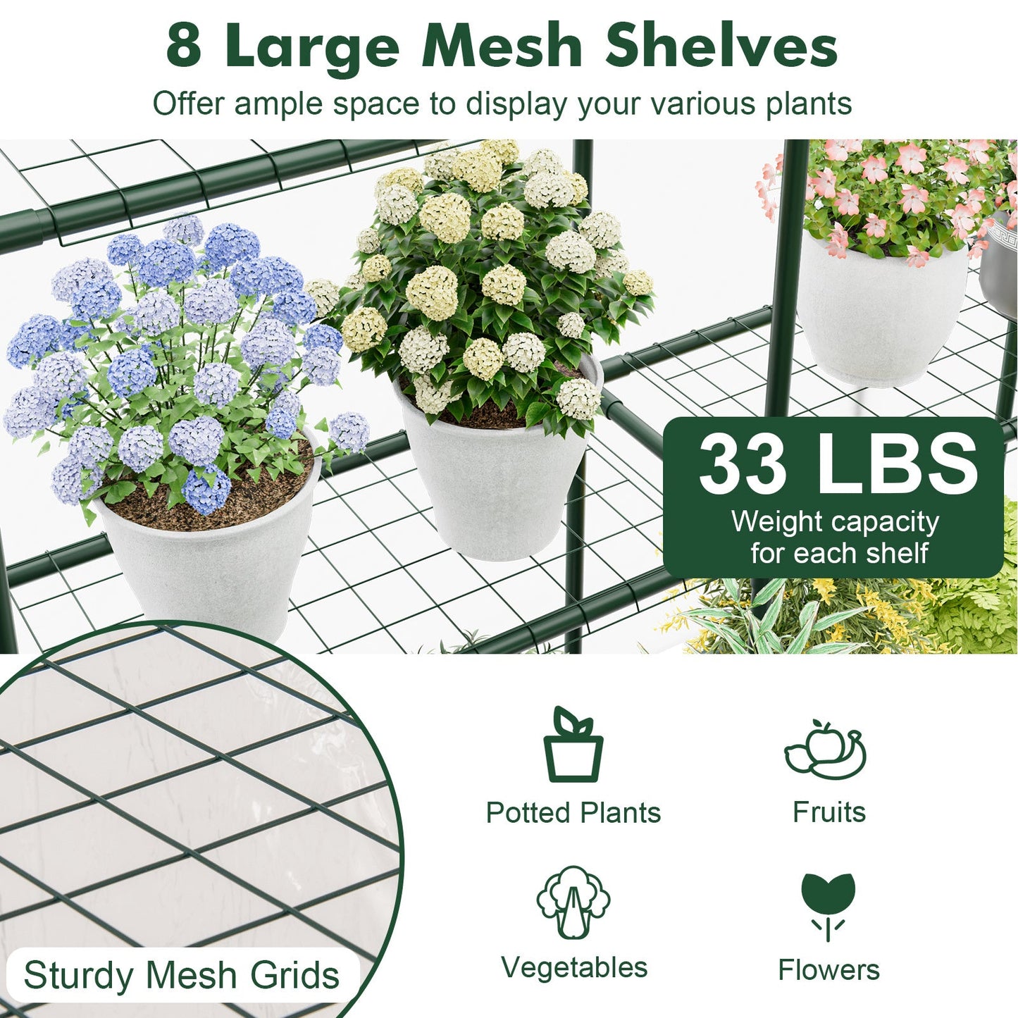 55 x 57 x 77-Inch Walk-In Greenhouse with Transparent Cover, Roll-Up Door and Eight Side Shelves