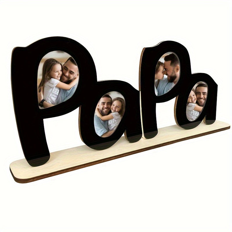 Papa Wooden Desktop Photo Frame, 12.5 x 5.5 Inch Letter-Shaped Display with Four 1.7 x 2.1 Inch Photo Openings