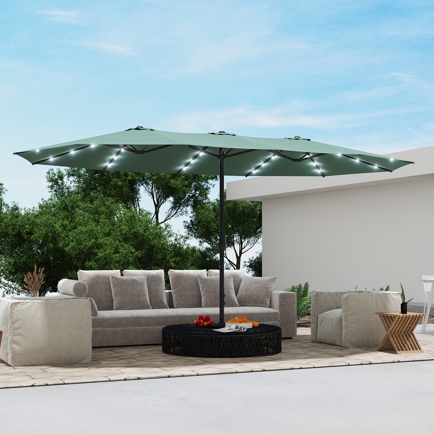 Large Patio Umbrella 15FT Double-Sided Rectangular with LED & Base