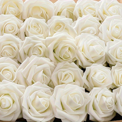 Artificial Flowers 50-Piece White Silk-Style Rose Set with Stems for Wedding Bouquets and DIY Decor