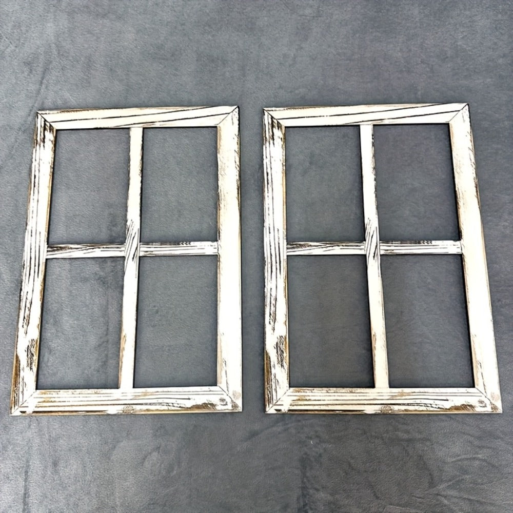 Distressed Wood Window Frame Wall Decor, Two-Piece Set in Rectangular or Arched Styles without Glass