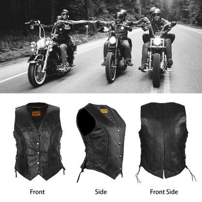 Women's Leather Motorcycle Vest – Concealed Carry Pockets, Lace-Up Sides, Metal Eyelet Accents, Adjustable Straps, Edgy Biker Style, Black, Sizes XS to XXXXXL