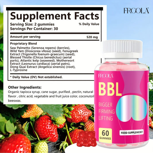 Women's BBL & BBG Herbal Gummies – Bum & Chest Enhancement Support Supplement for Women, Strawberry Flavor, 60 Gummies 30-Day Supply