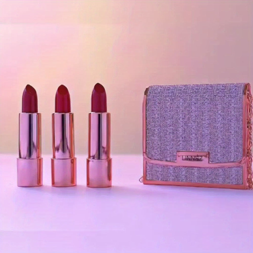 Matte Lipstick Gift Set 3pcs in Silvery Chain Bag Box — Velvet Finish Waterproof Long-Lasting Red Lip Color, Conditioning Formula 3.5g Each, Perfect for Valentine's Day Mother's Day Birthday Holiday