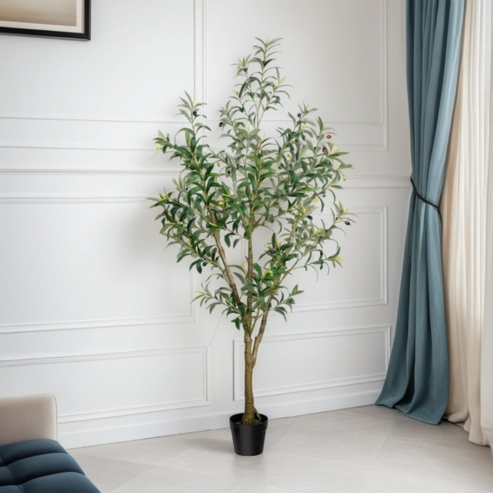 Multi-Branched Artificial Olive Tree with 5.25, 6 or 7 ft Height Options, Decorative Fruit and Black Nursery Pot