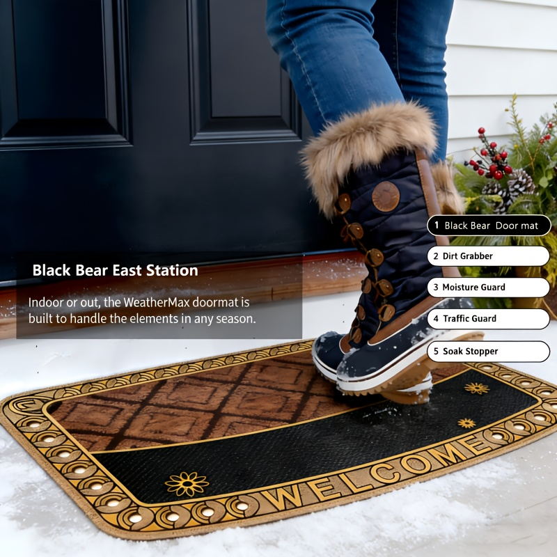 Textured Welcome Door Mat with Bordered Brown-and-Black Geometric Design in A001 or A002 Styles