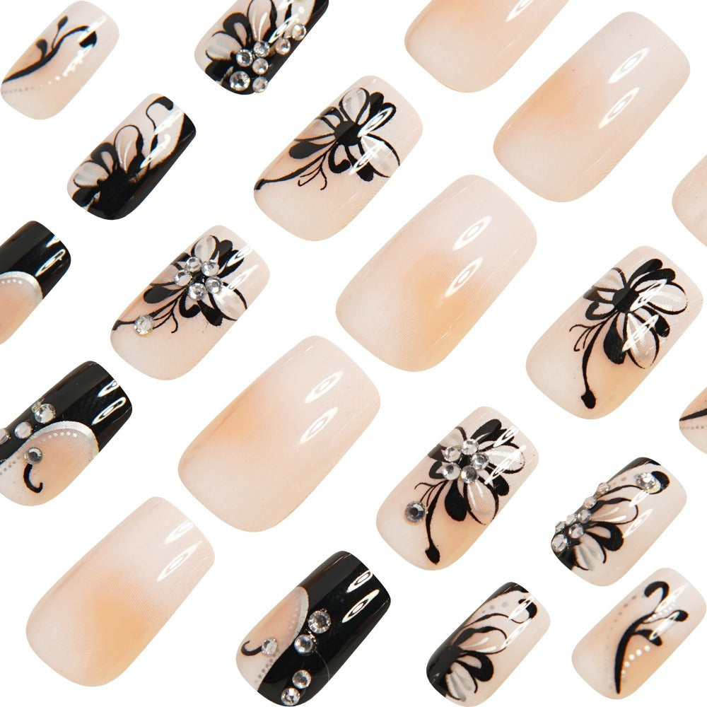 Matte Press On Nails 48 Pieces Black White Square – French Tip Butterfly Pattern Full Cover Detachable False Nails for Women | Elegant Nail Art Gift Set for Valentines Day Holiday Party Wedding