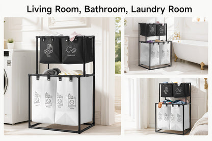 Two-Tier Laundry Sorter Hamper with Upper Compartments, Four Removable Lower Bags and Elevated Frame
