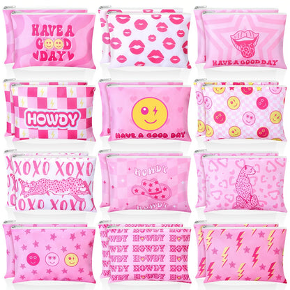 Bulk 24-Piece Pink Cosmetic Pouch Set with Mixed Western-Style Prints and Top Zipper Closures
