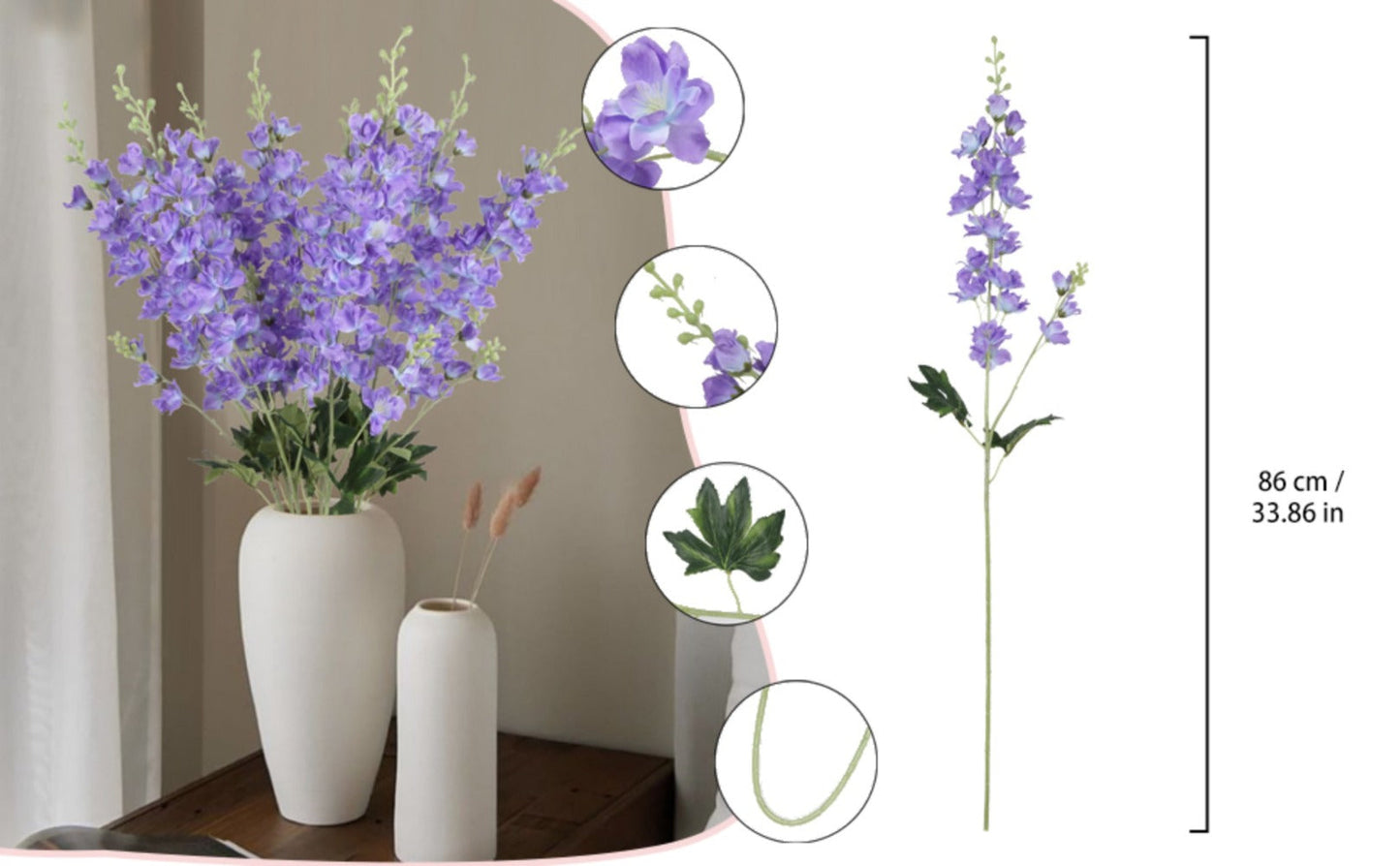 Artificial Flowers Eight-Piece Delphinium Larkspur Set with 33.5-Inch Silk Stems in 11 Colors