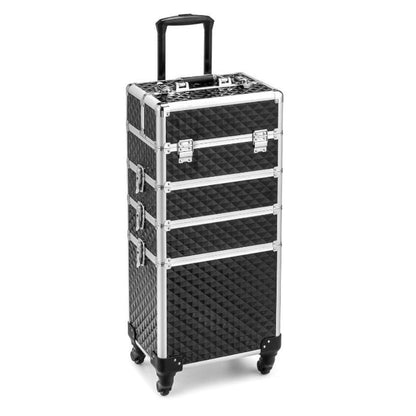 Four-Section Rolling Makeup Train Case with Removable Stack, Telescoping Handle and Four Color Finishes