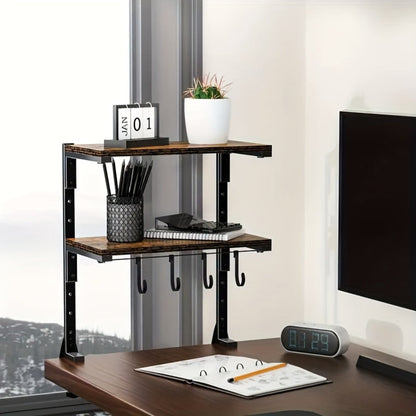 2-Tier Desktop Storage Shelf, Carbon Steel Desk Organizer, Adjustable Space-Saving Rack with Rustic Brown Finish