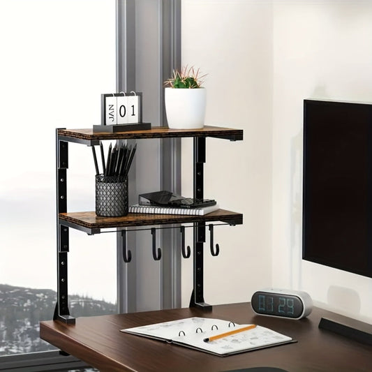 2-Tier Desktop Storage Shelf – Heavy-Duty Carbon Steel Desk Organizer, Adjustable Space-Saving Rack with Rustic Brown Finish, No Tools Needed, for Home Office Desk Workshop Workspace