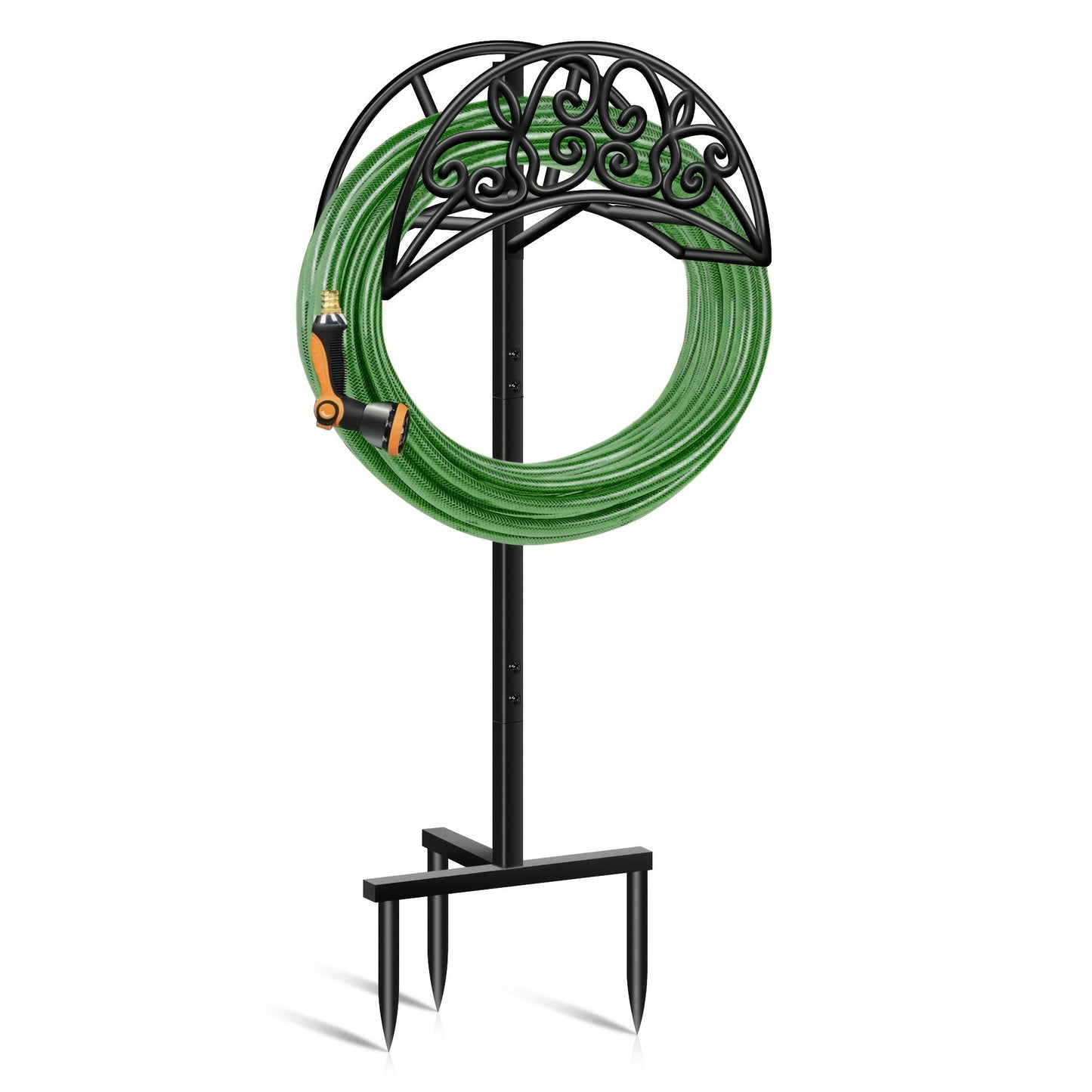 Freestanding Black Garden Hose Holder with Six Decorative Single-Leg or Double-Leg Rack Styles