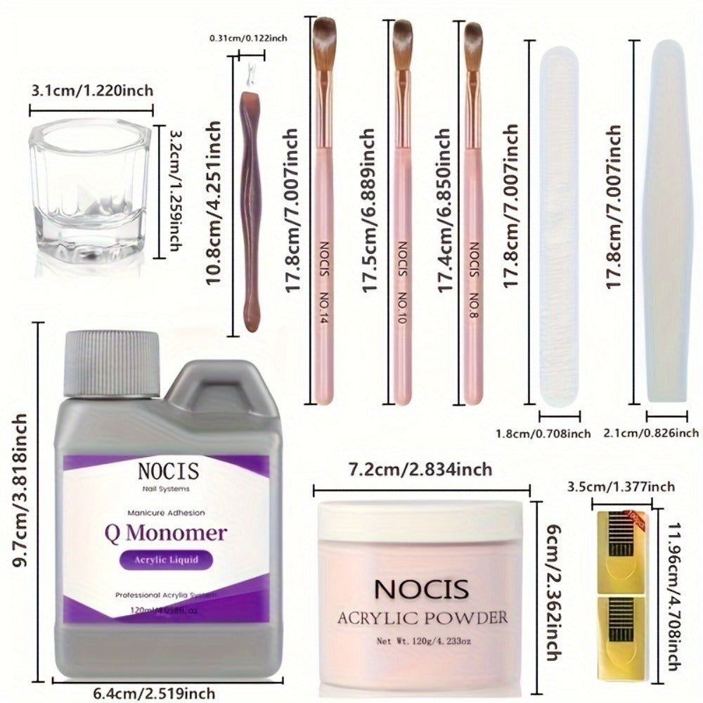 Acrylic Nail Kit NOCIS 120g Peach Pink Powder Set with Q Monomer, Brush Set, Nail File and Mixing Cup