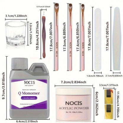 Acrylic Nail Kit NOCIS 120g Peach Pink Powder Set with Q Monomer, Brush Set, Nail File and Mixing Cup