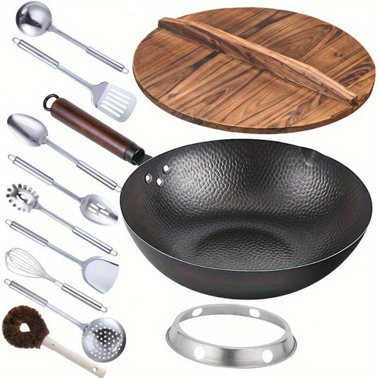 Carbon Steel Wok Pan 12.6 Inch with Lid & 10 Accessories – Uncoated Chinese Stir Fry Wok, Flat Bottom for Electric Induction Gas Stoves, 11-Piece Cookware Set