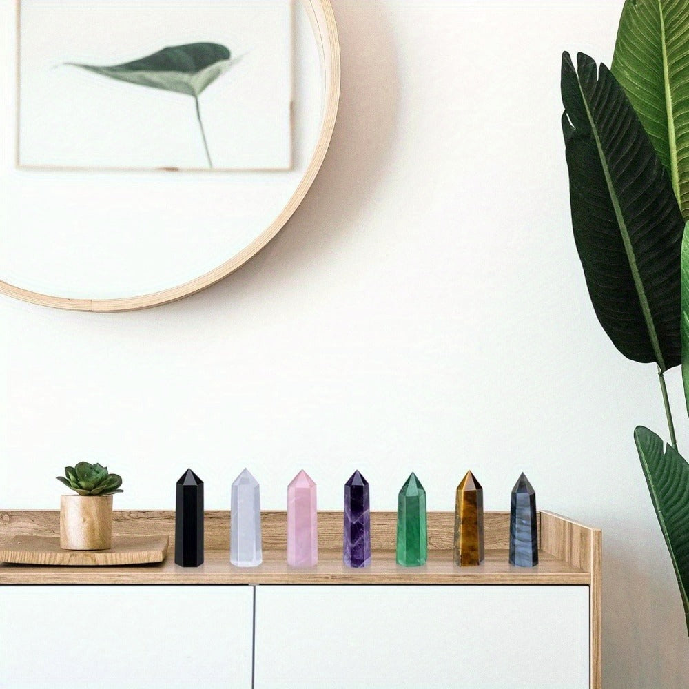 Natural Rainbow Fluorite Crystal Tower Set 7PCS – Hand-Polished Hexagonal Gemstone Obelisks 2.2 Inch, Crystal Points for Home Decor, Meditation, Reiki & Holiday Gift, Eco-Crafted Mineral Collection