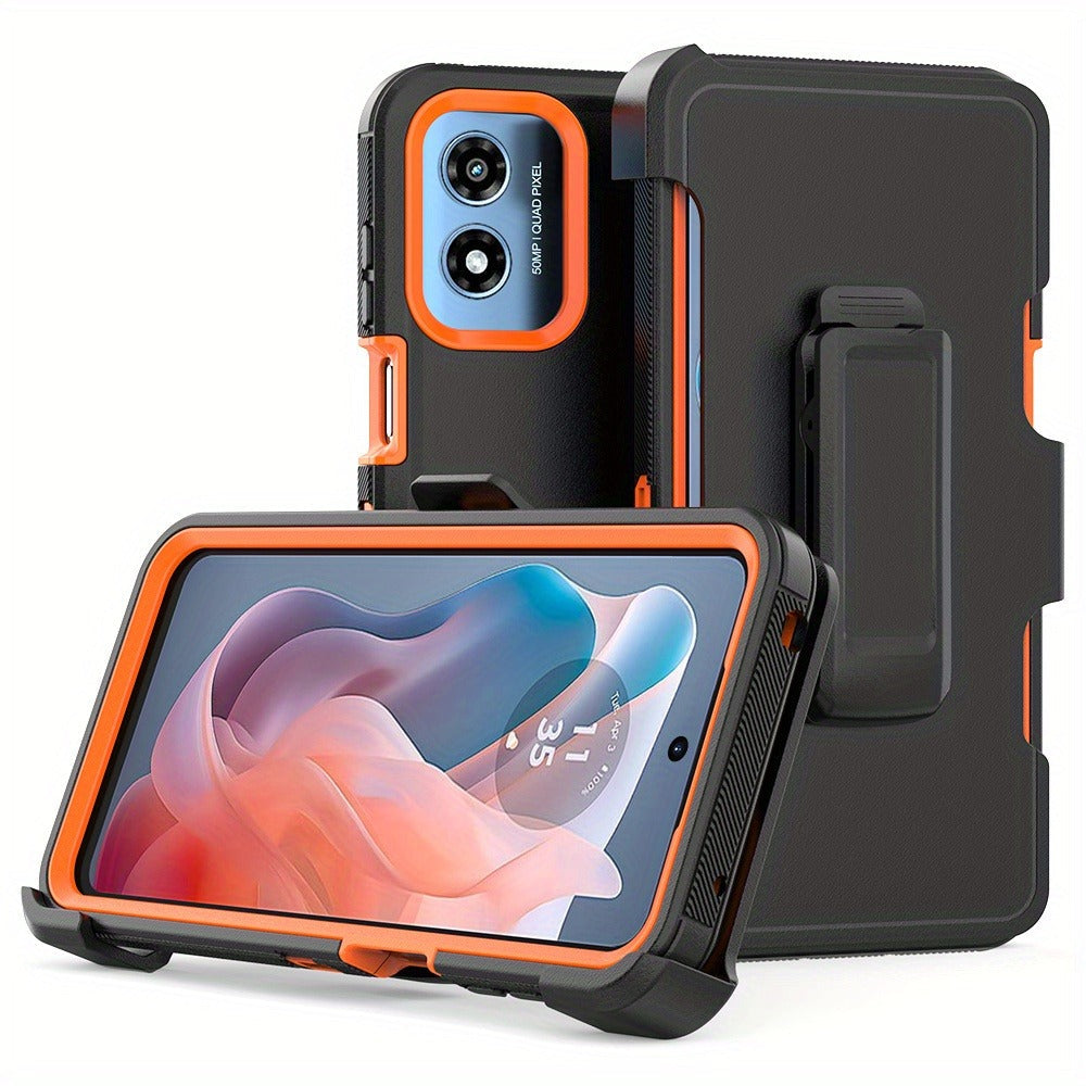 Phone Case Multi-Layer PC and TPU Cover with Belt Clip Holster and Kickstand for Moto G Play 2024