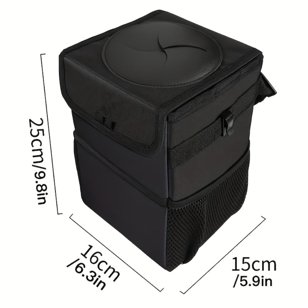 Collapsible Hanging Car Trash Bag with Lid, Side Storage Pockets, Black Finish and 25 × 16 × 15 cm Size