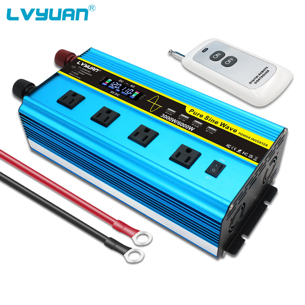 Blue 12V or 24V DC to 110V AC Power Inverter with LCD, Four AC Receptacles and Remote Presentation