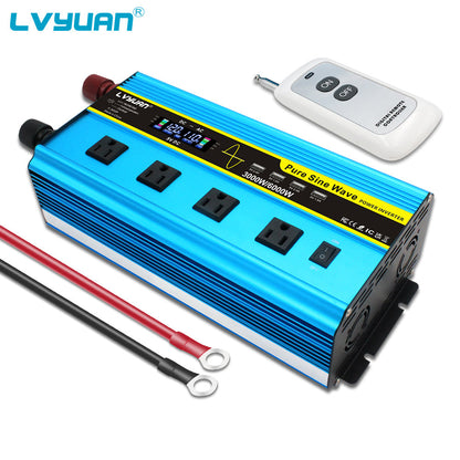 Blue 12V or 24V DC to 110V AC Power Inverter with LCD, Four AC Receptacles and Remote Presentation