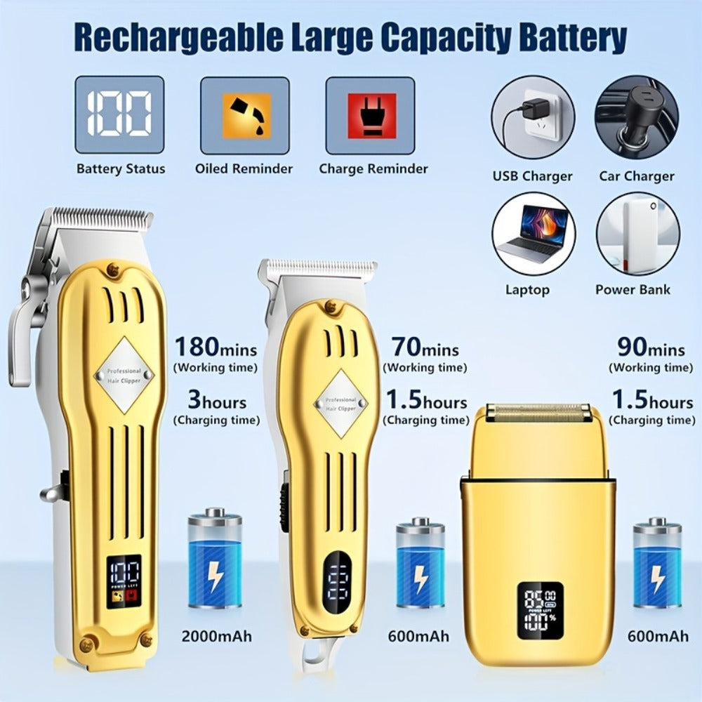 Hair Clippers & Trimmers Three-Piece Set with Full-Size Clipper, T-Blade Detailer, Foil Shaver and LCD Displays