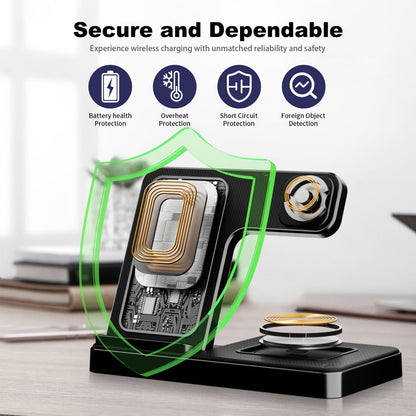 Foldable 3-in-1 Wireless Charging Station with LED Indicator & Anti-Slip Fast Charge for iPhone 17 16 15 14 13 12 11 Pro Max XR XS, Apple Watch Ultra Series 11 10 9 8 7 6 5 SE, AirPods 4 3 2 Pro & Samsung Galaxy – Black White, With/Without Adapter