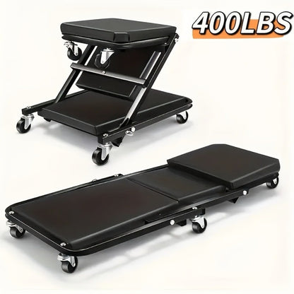 Mechanic Creeper Crawler Seat 36" Z-Type Folding with 6 Swivel Wheels & Adjustable Load Plate - Garage Repair Crawling Board