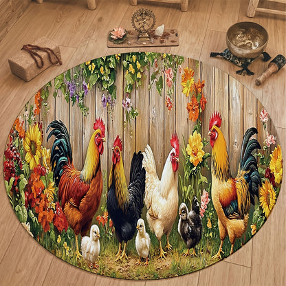 Rooster Farmhouse Kitchen Rugs in Round, Runner and 1- to 4-Piece Mat Set Size Options for Floors
