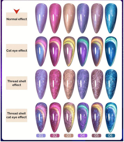 Cat Eye Gel Nail Polish Set 6Pcs 9D Aurora Magnetic Glitter Pearl Shell Effect – Soak-Off Semi-Permanent UV LED Gel Varnish Nail Art Kit for Home Salon Manicure Gift for Women