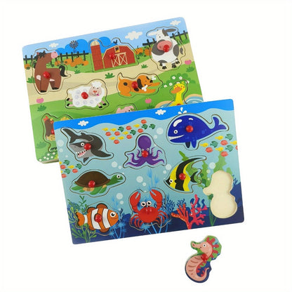 Four-Board Wooden Peg Puzzle Set with Colorful Animal Scenes and Red Knob Pieces for Matching Play