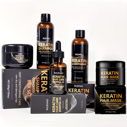 Five-Piece ROZINO Keratin Hair Care Set with Shampoo, Conditioner, Mask and Oil Container Formats