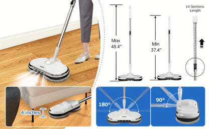Cordless Electric Spin Mop with LED Headlight & Sprayer, 50-Min Runtime 6oz Water Tank, Lightweight Floor Scrubber for Hardwood Tile Laminate Floors