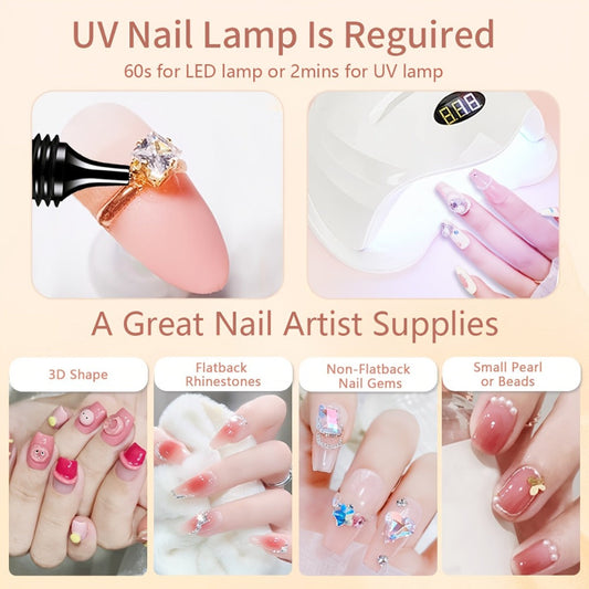 Nail Glue for Rhinestones 2pcs — LED Cured Super Strong Gel Adhesive for 3D Charms, Gems & Bling Nail Art Decorations | Alcohol-Free Transparent Crystal Nail Glue | Professional Nail Art Adhesive