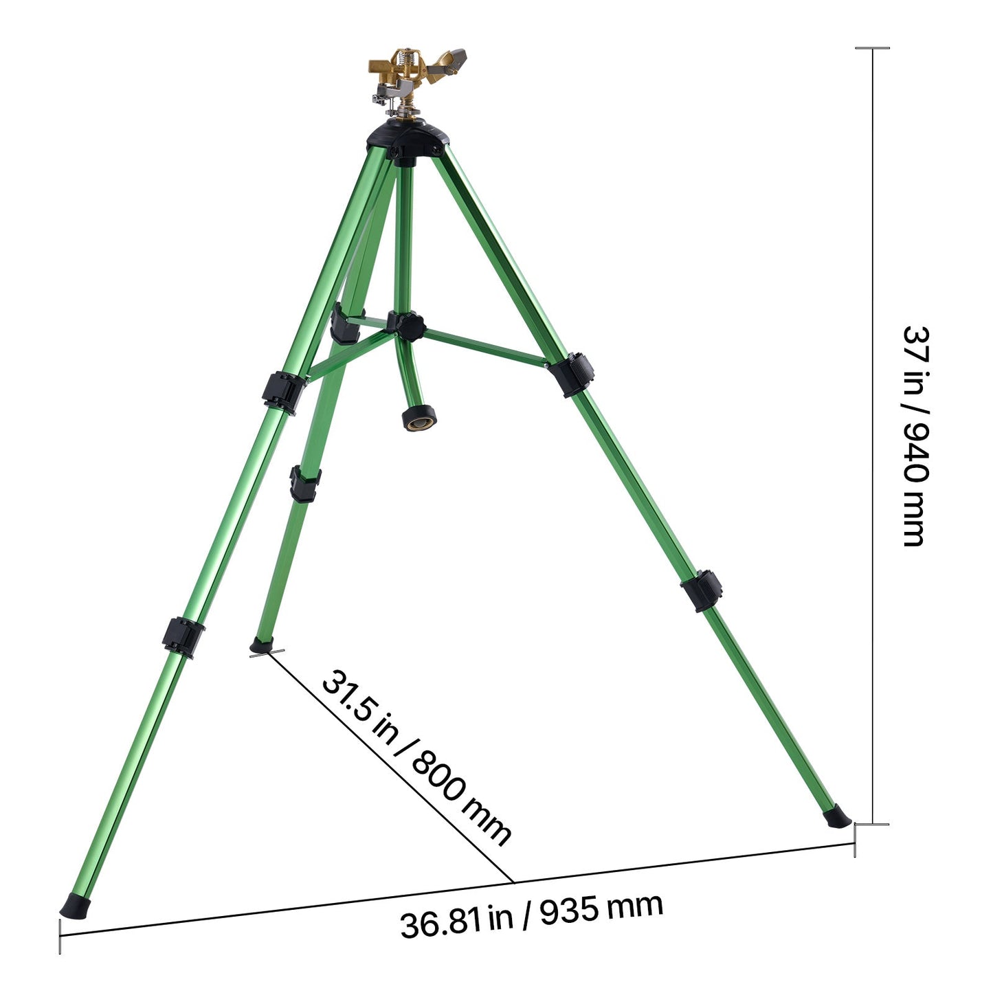 Green Tripod Garden Sprinkler with Rotating Brass Head, Adjustable Legs and Pictured 17- to 37-Inch Height