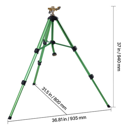 Green Tripod Garden Sprinkler with Rotating Brass Head, Adjustable Legs and Pictured 17- to 37-Inch Height