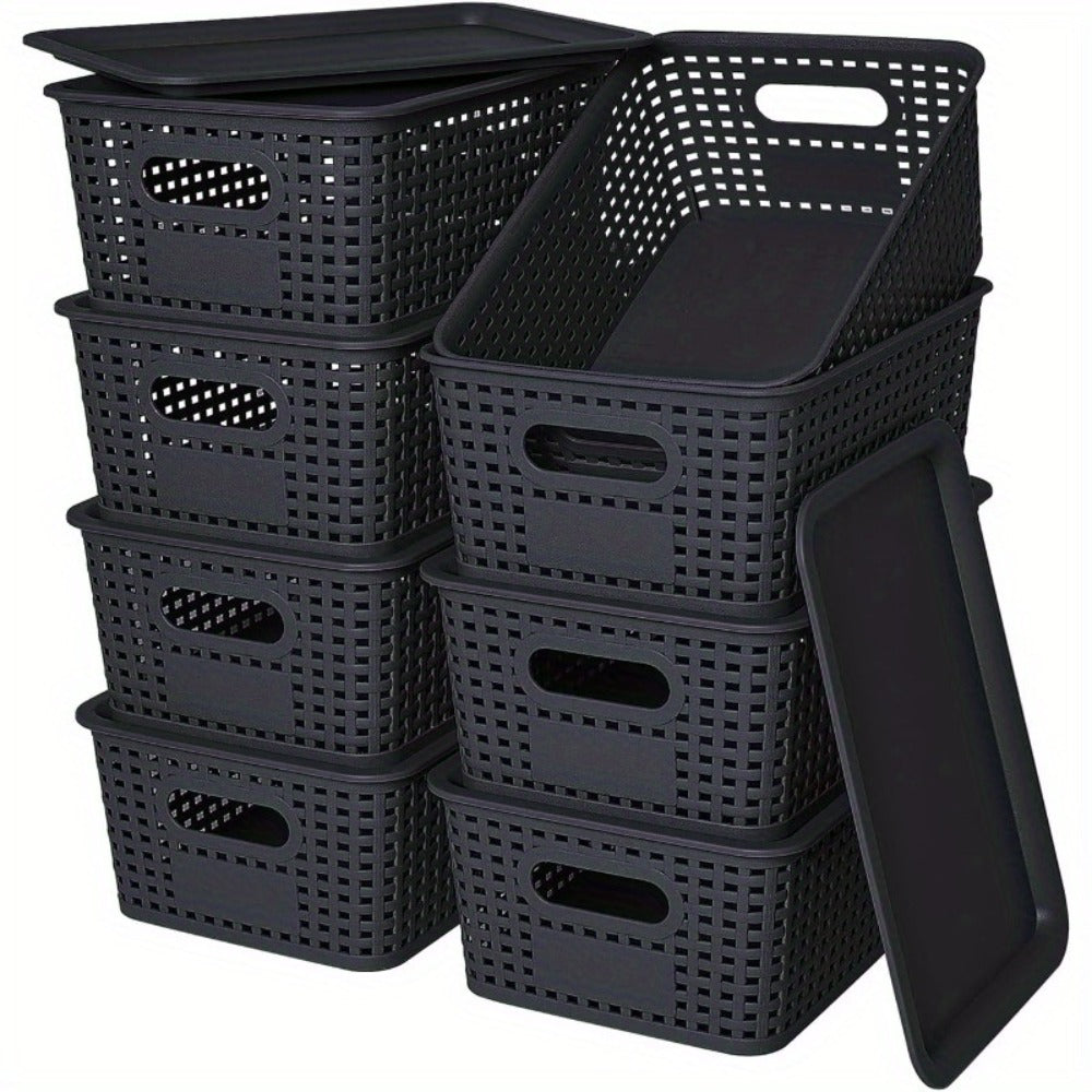 Storage Organizer Bins with Lids 4/8 Pack | Space-Saving Stackable Boxes 10"x7"x4" for Shelves, Closet & Desk - Declutter Bins for Dorm, Playroom & Office with File Organizer Bag, White Black Gray Red
