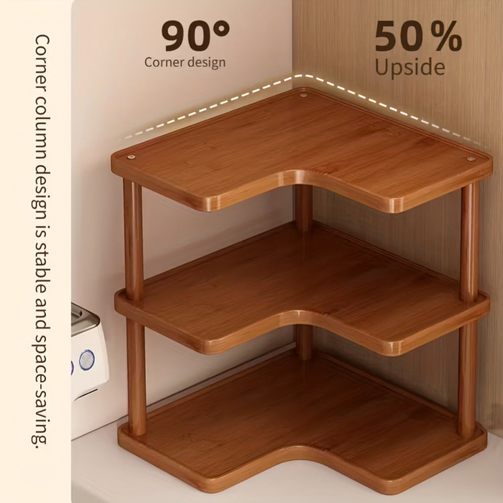 Corner Shelf Kitchen Organizer 3-Tier Brown Triangular Countertop Rack for Coffee Station Accessories