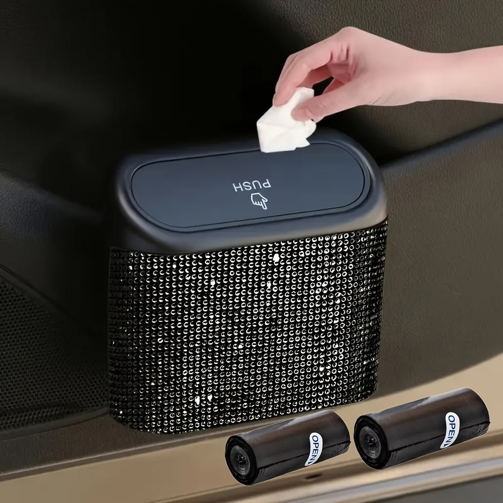 Car Trash Can with Lid & Rhinestone Bling – Hanging Leakproof Auto Garbage Bin with 2 Trash Bags, Concealed Interior Storage for Vehicle Door, Seat Back, Home & Office (3pcs Set)