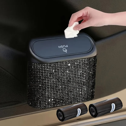 Car Trash Can with Lid & Rhinestone Bling – Hanging Leakproof Auto Garbage Bin with 2 Trash Bags, Concealed Interior Storage for Vehicle Door, Seat Back, Home & Office (3pcs Set)