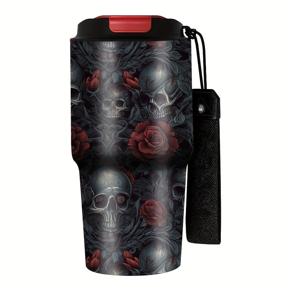Insulated Tumbler 20oz Gothic Skull and Roses Stainless Steel Travel Mug with Carry Strap for Everyday Use