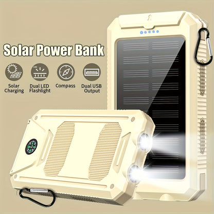 Solar Power Bank, 29800mAh Dual-USB 5V Charger with Solar Panel, Dual LED Flashlight, Compass and Eight Color Options