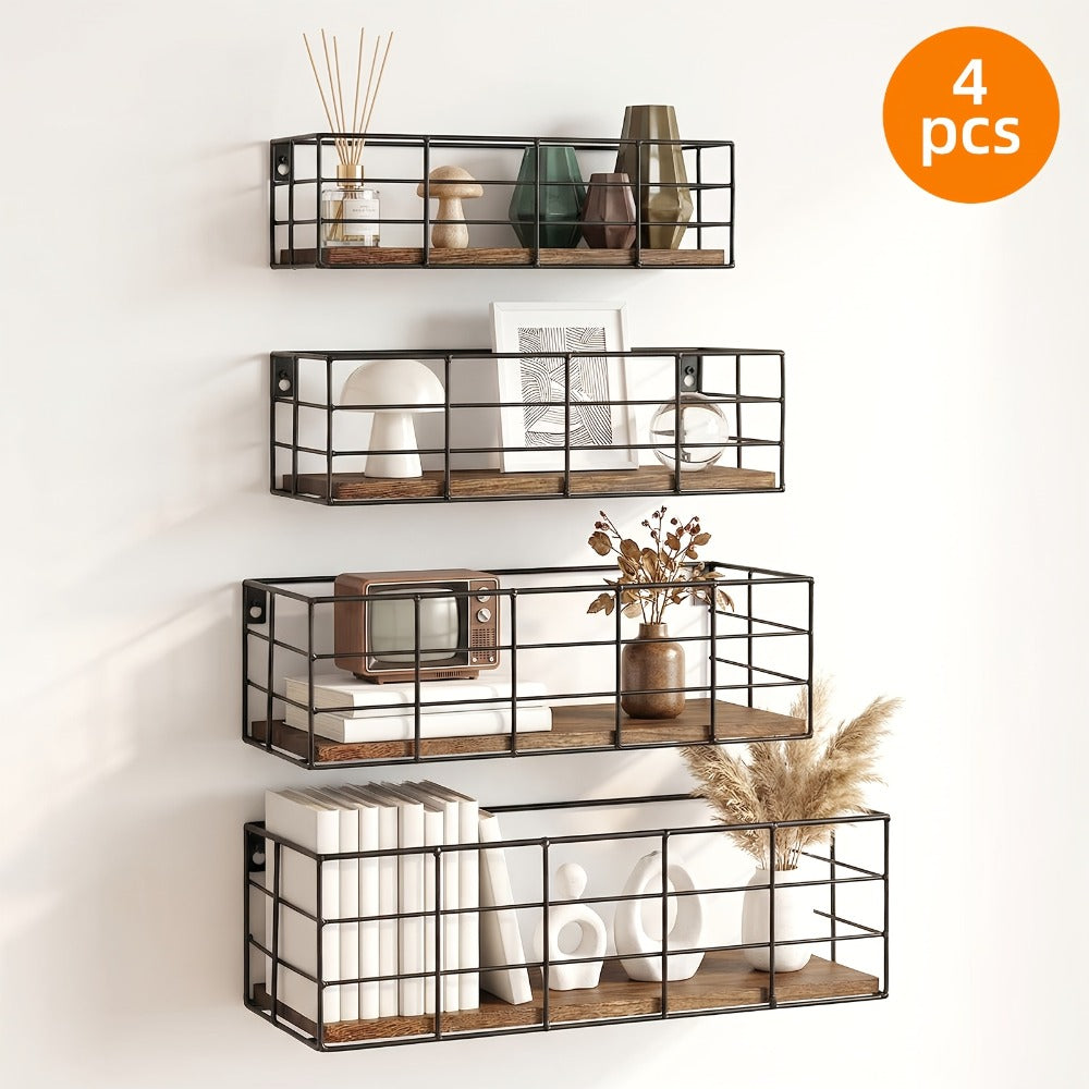 Wire Basket Wall Shelf Set with Wood-Look Bases and Four-Piece or Six-Piece Size Assortments