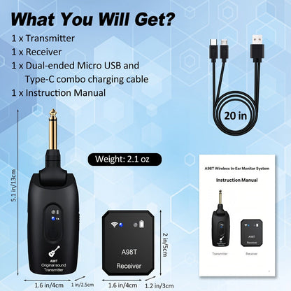 Wireless In-Ear Monitor System 2.4GHz IEM 270° Rotatable Transmitter Auto-Pairing Receiver for Studio Band Rehearsal Live Performance Instrument Monitoring
