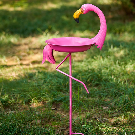 Bird Bath Outdoor Metal Flamingo Feeder Bowl – 3D Garden Lawn Stake Drinker Plate